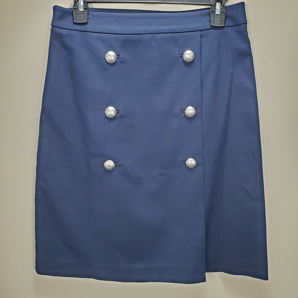 Talbots Navy Blue Wrap Knee Length Skirt Womens 2 Silver Button accents lined